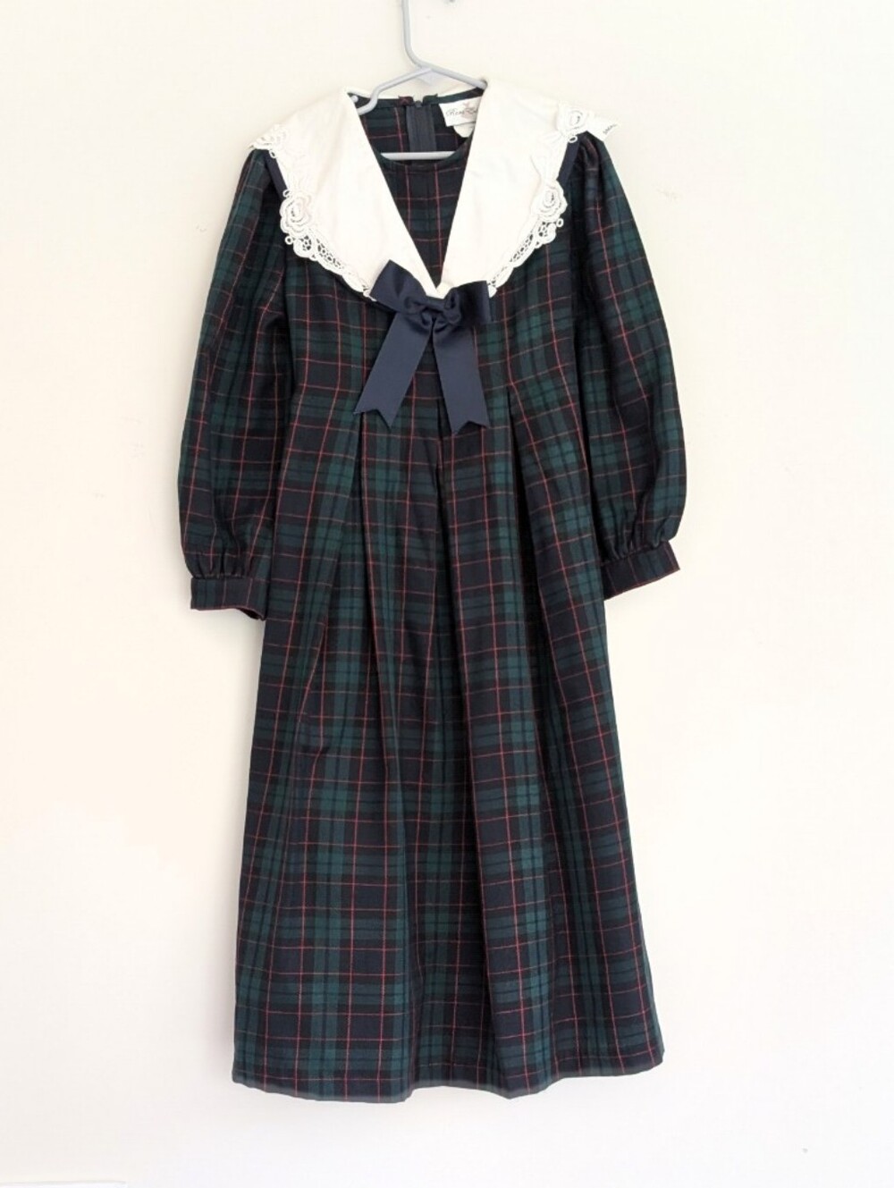 Rare Editions Girls' Navy Green Plaid Dress with White Sailor Collar Vintage 7